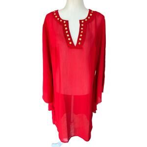 Silvian Imberg Swim Cover up Top Womens XL Red Gold Detail Sheer 3/4 Sleeve NWT